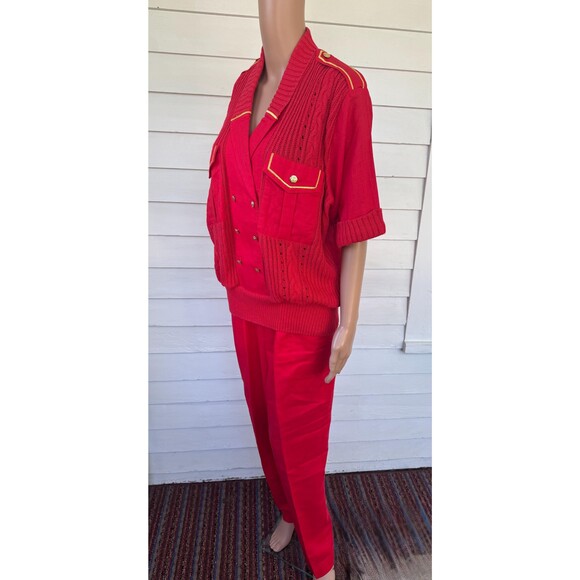 80s Red Pants Outfit Nautical Sweater Vintage M Double Button - Picture 2 of 10